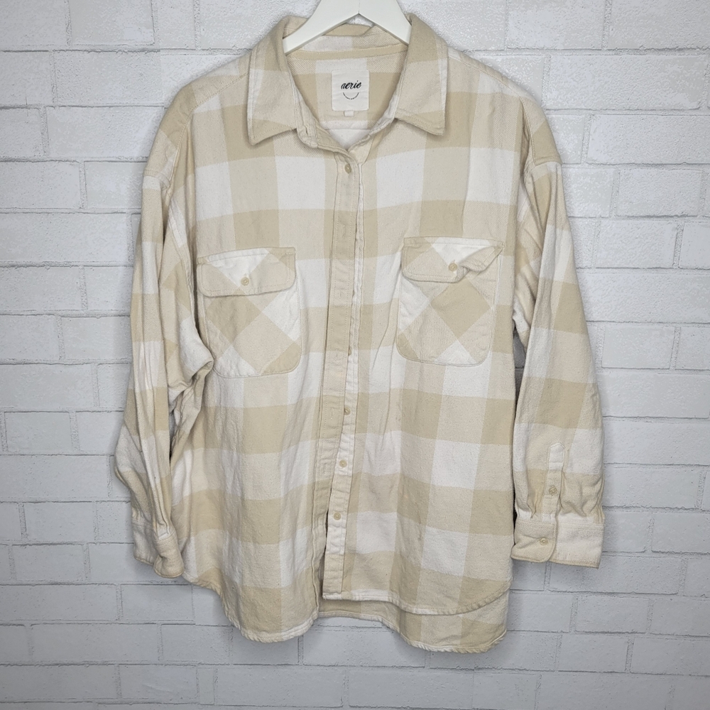 Aerie Beige Check Flannel Button Down Shirt